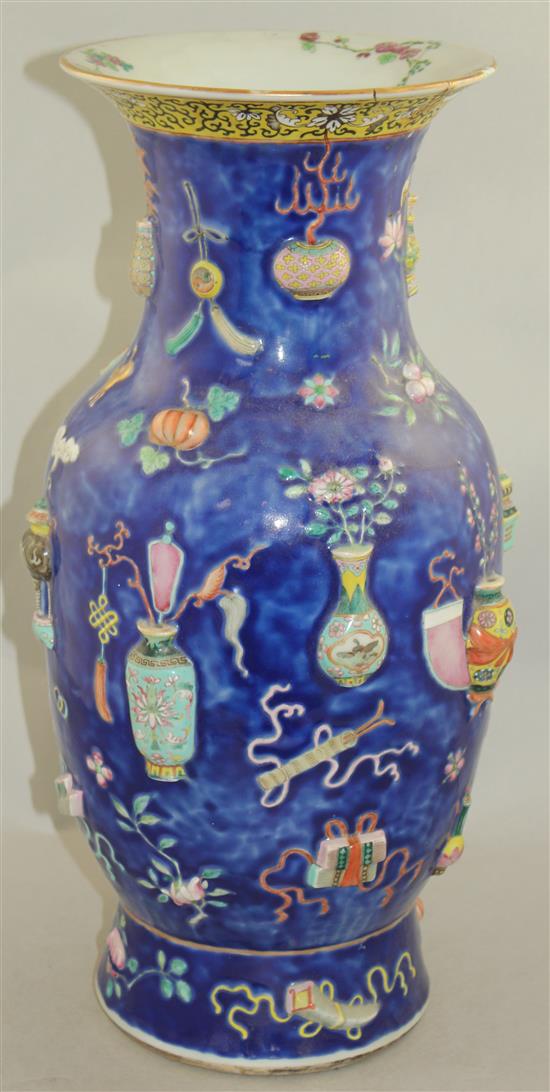 A large Chinese blue glazed baluster vase, late 19th century, 46.5cm, damaged